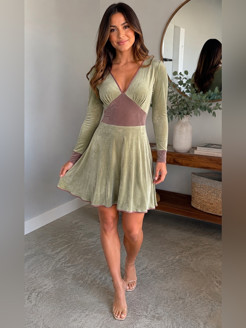 Olive Green Velvet Fit & Flare Dress with Mauve Accents